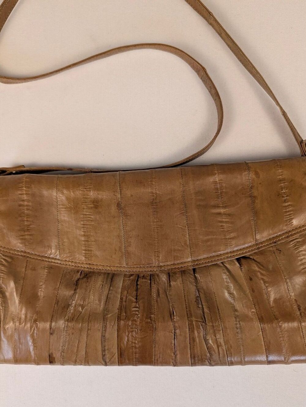 80's Vintage Genuine Eel Skin Tan Shoulder Bag & Clutch